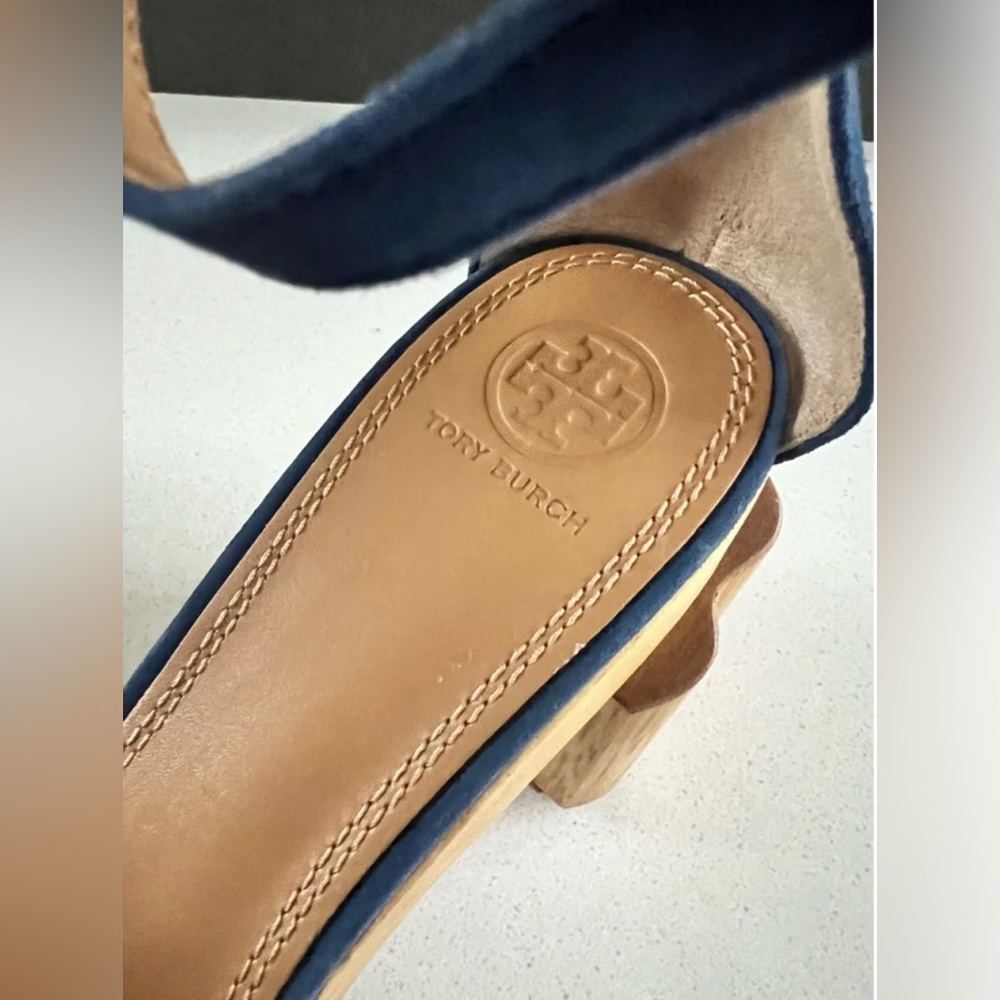 Tory Burch ALMA PLATFORM WOODEN Navy, Orange, and White Sandals, Size : 8.5 - Picture 14 of 14